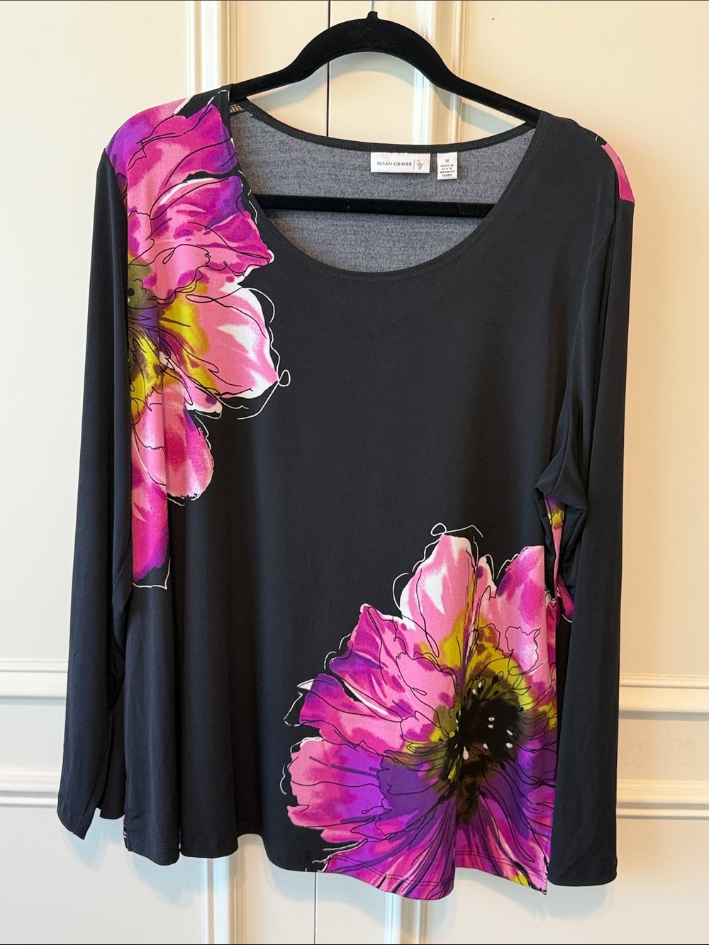 Susan Graver Black Long-Sleeve Top with Pink Floral Print